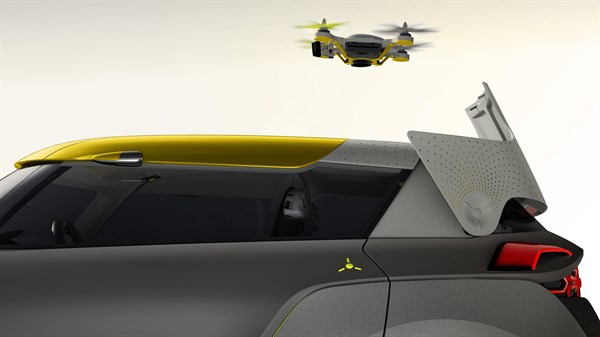 A drone flying above the Renault KWID concept car